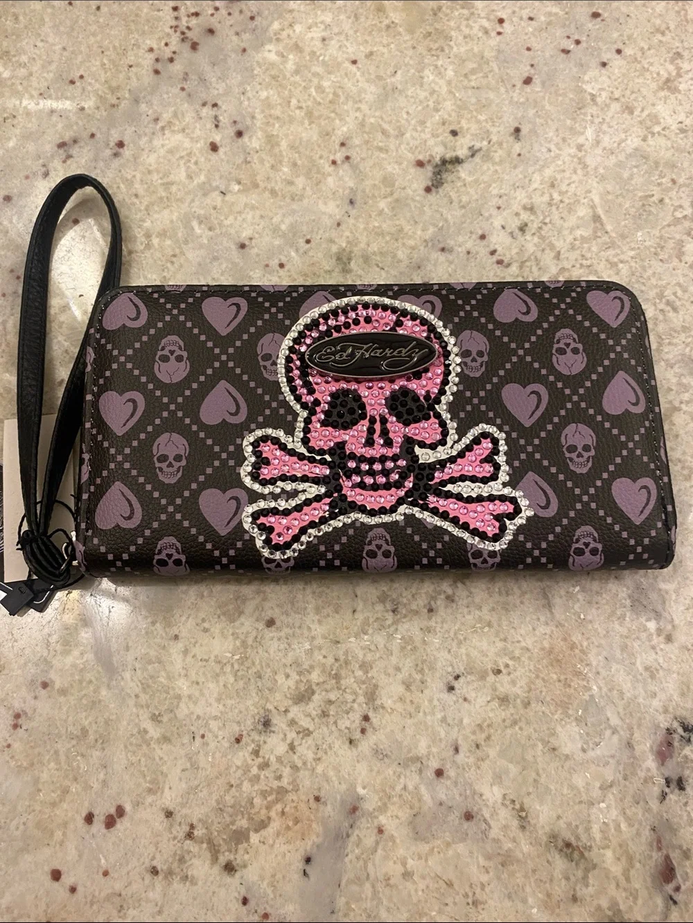 Ed Hardy Black zippered Wallet wristlet with Pink & black Rhinestone Skull NWT